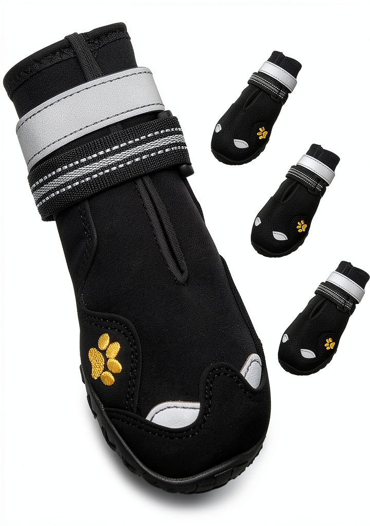 FISHOAKY dog boots in multiple colors and sizes displayed on a grassy field