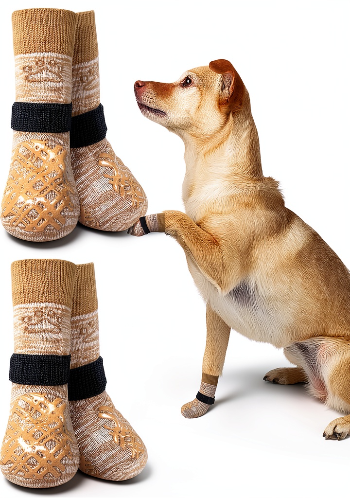 Dog wearing BEAUTYZOO grip socks on a hardwood floor