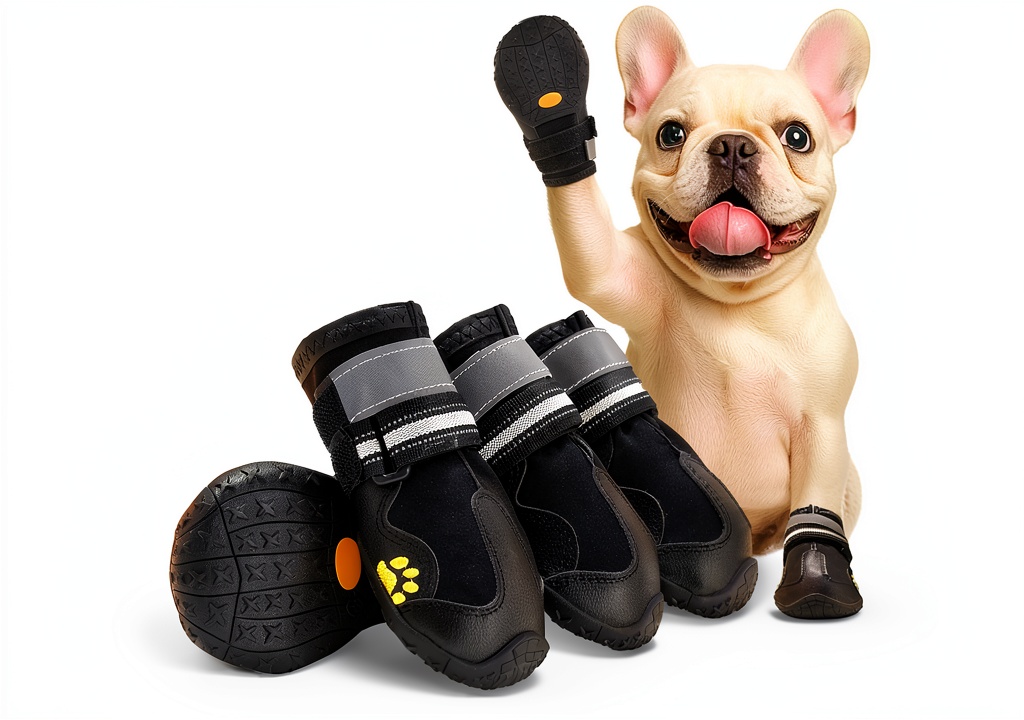 Dog wearing AOKOWN boots on snowy path