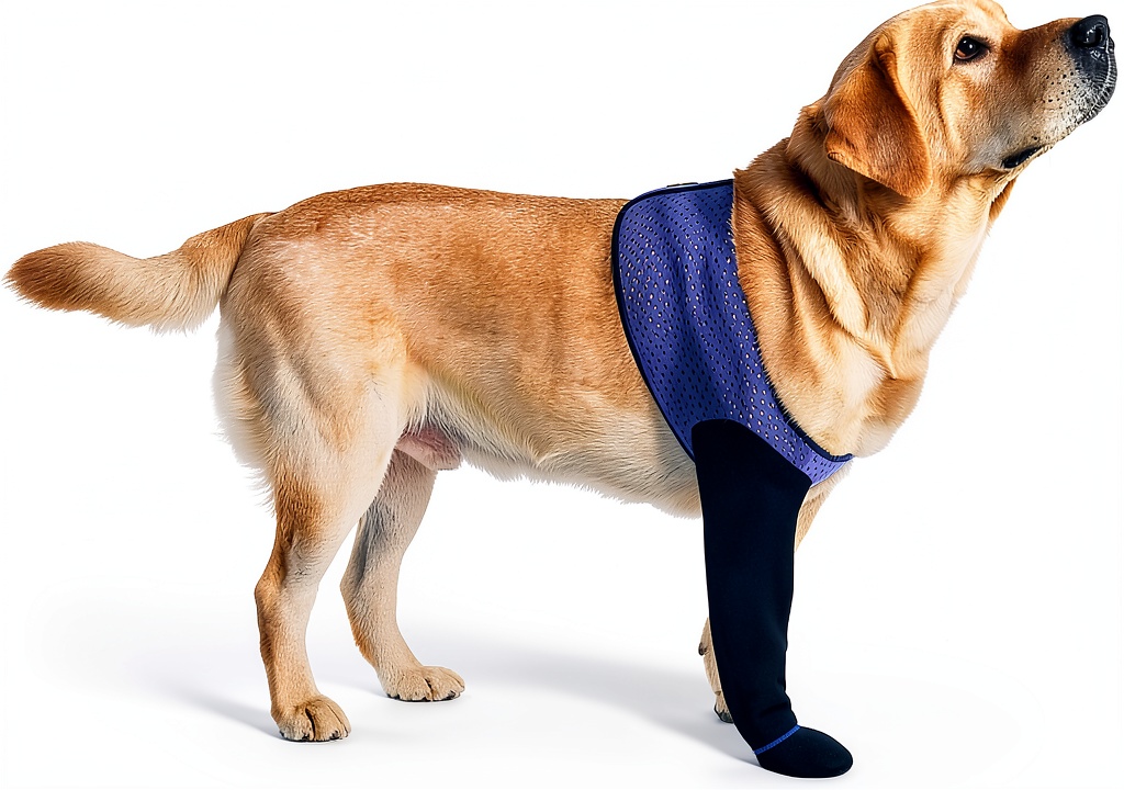 Hanfu dog paw protector applied to a dog's leg during recovery