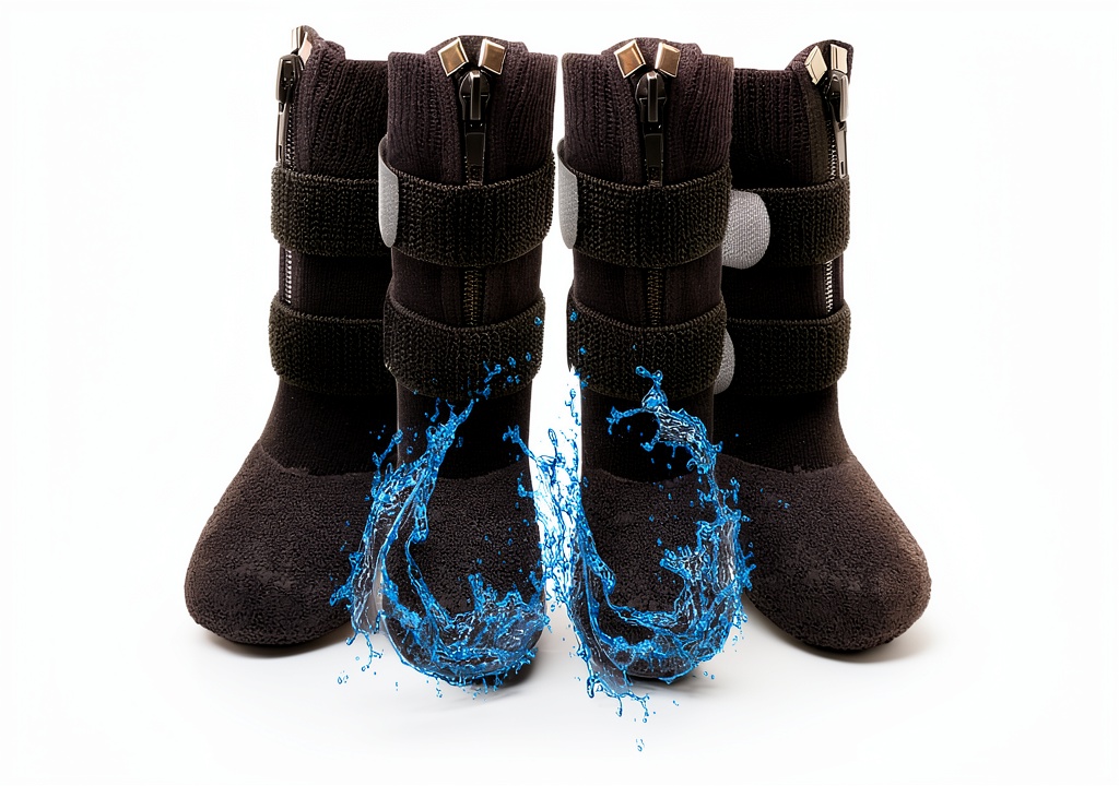 Installing VALFRID Dog Boots Waterproof Non-Slip Pet Paw Protectors on a wooden desk