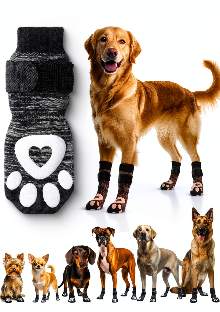 Fribar anti slip dog socks on a dog's paws on a wooden floor