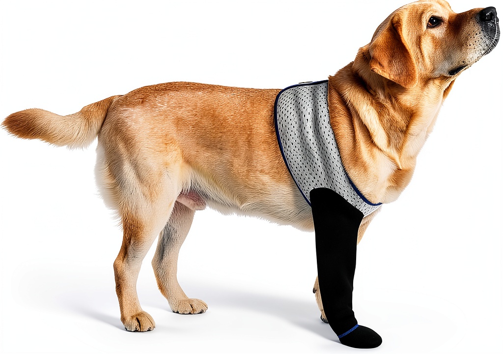 Installing Hanfu Dog Paw Protectors Post Surgery Recovery Licking on a wooden desk