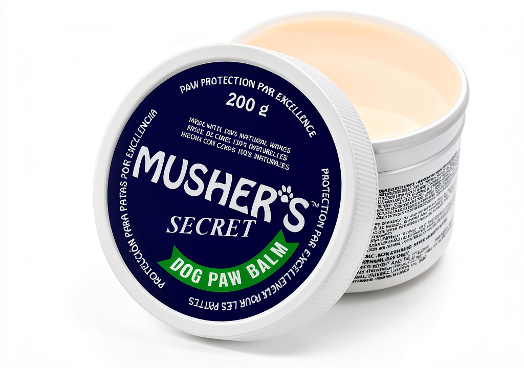 Dog paw balm being applied to a dog's paw on a snowy trail